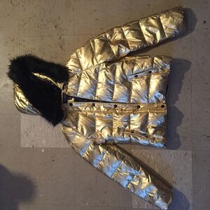 Victoria's Secret Gold Puffer Jacket with Black Fur Trim